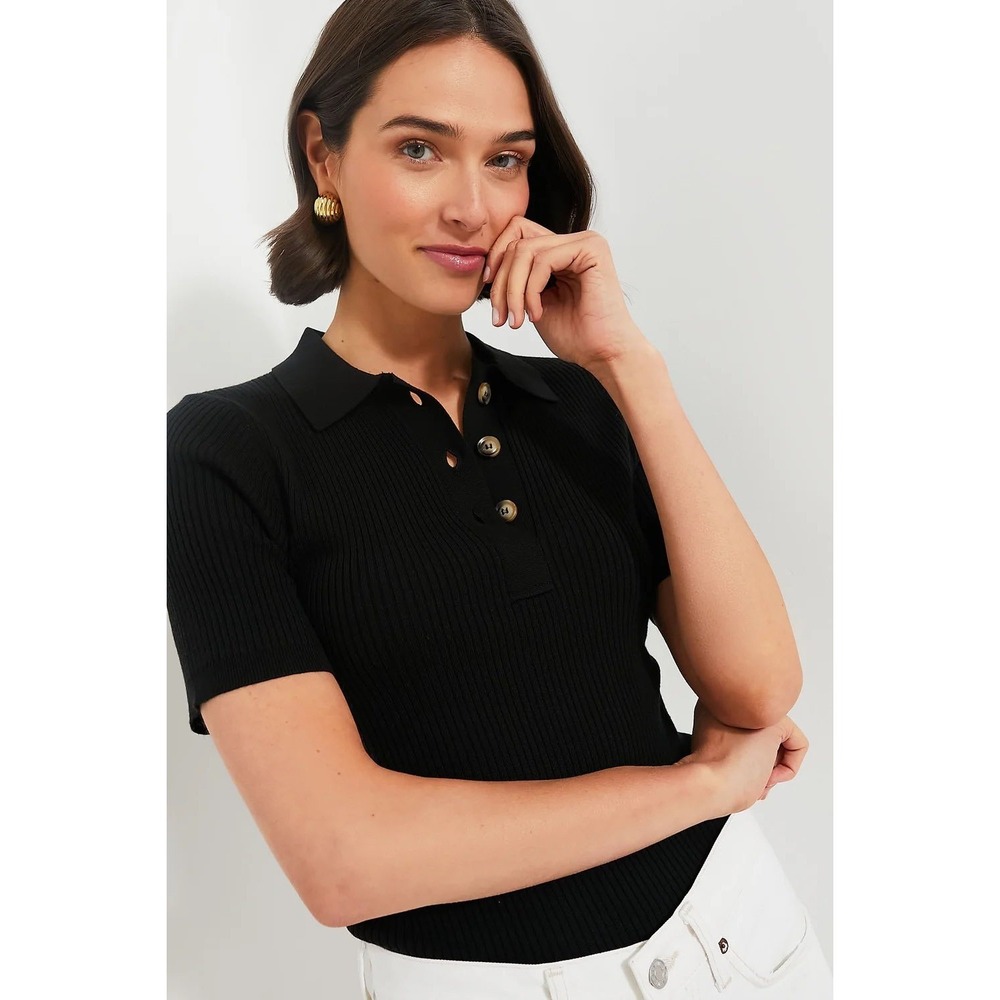 Tuckernuck Black Olivia Rib Knit Polo Sweater Short Sleeve Button Top Medium